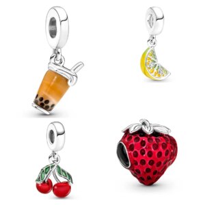 Seeded Strawberry Cherry Lemon Slice Fruit Bubble Tea Silver 925 Charm Bead Fit Original Pandora Bracelet DIY Gift Jewelry Women